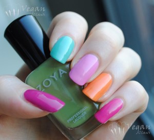 Thumb to pinkie: Zoya Reagan, Wednesday, Shelby, Arizona, Lara. Bottle: Zoya Tracie