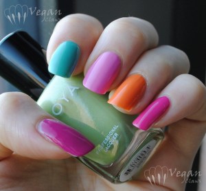 Thumb to pinkie: Zoya Reagan, Wednesday, Shelby, Arizona, Lara. Bottle: Zoya Tracie