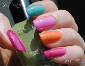 Thumb to pinkie: Zoya Reagan, Wednesday, Shelby, Arizona, Lara. Bottle: Zoya Tracie