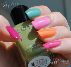 Thumb to pinkie: Zoya Reagan, Wednesday, Shelby, Arizona, Lara. Bottle: Zoya Tracie