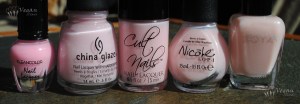 enticing_comp_bottles Left to right: Kleancolor Sheer Pastel Pink, China Glaze Encouragement, Cult Nails Enticing, Nicole by OPI Kim-pletely in Love, Zoya Audrey