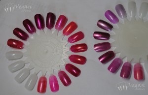 Left wheel, clockwise: Soulstice Kauai, Milani Photo Flash, Milani In a Flash, Kleancolor Metallic Pink, Manglaze Lesbihonest, Milani Golden Girl, Milani Gold Digger, Milani Pink Out Loud, Zoya Kimber, China Glaze Strawberry Fields, Essence Glamorous Life, China Glaze Endurance, Zoya Starla, LA Colors Coral Reef.