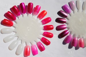 Left wheel, clockwise: Soulstice Kauai, Milani Photo Flash, Milani In a Flash, Kleancolor Metallic Pink, Manglaze Lesbihonest, Milani Golden Girl, Milani Gold Digger, Milani Pink Out Loud, Zoya Kimber, China Glaze Strawberry Fields, Essence Glamorous Life, China Glaze Endurance, Zoya Starla, LA Colors Coral Reef.