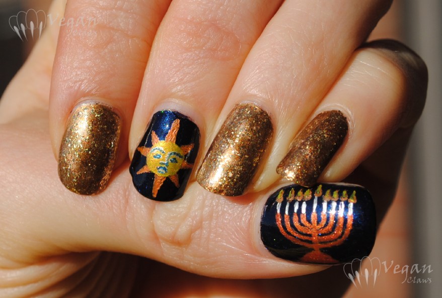 China Glaze Gold Fusion, No Miss Sand, and OPI Goldeneye, with Hanukkah and Saturnalia accent nails
