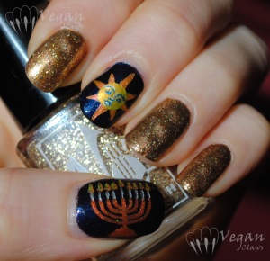 China Glaze Gold Fusion, No Miss Sand, and OPI Goldeneye, with Hanukkah and Saturnalia accent nails