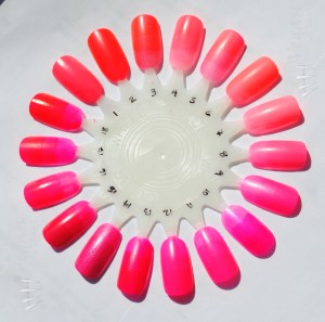 1) Kleancolor Barbie Pink, 2) China Glaze Surfin' for Boys, 3) China Glaze Flirty Tankini, 4) China Glaze Shell-o, 5) China Glaze Pink Plumeria, 6) China Glaze Flip Flop Fantasy, 7) China Glaze Neon & On & On, 8) Milani Pink Hottie, 9) Color Club Electro candy, 10) Zoya Kiki, 11) Color Club Poptastic, 12) Kleancolor Neon Pink, 13) Misa Girls' Night Out, 14) Kleancolor Pink Lady, 15) Zoya Renée, 16) Orly Passion Fruit, 17) China Glaze Rose Among Thorns, 18) Misa Bikini With a Martini