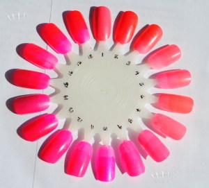 1) Kleancolor Barbie Pink, 2) China Glaze Surfin' for Boys, 3) China Glaze Flirty Tankini, 4) China Glaze Shell-o, 5) China Glaze Pink Plumeria, 6) China Glaze Flip Flop Fantasy, 7) China Glaze Neon & On & On, 8) Milani Pink Hottie, 9) Color Club Electro candy, 10) Zoya Kiki, 11) Color Club Poptastic, 12) Kleancolor Neon Pink, 13) Misa Girls' Night Out, 14) Kleancolor Pink Lady, 15) Zoya Renée, 16) Orly Passion Fruit, 17) China Glaze Rose Among Thorns, 18) Misa Bikini With a Martini
