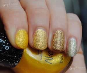 Nicole by OPI Lemon Lolly, Zoya Solange, LA Colors Art Deco striper in 24K Glitter, LA Girl Sands of Time