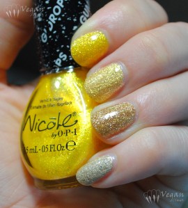 Nicole by OPI Lemon Lolly, Zoya Solange, LA Colors Art Deco striper in 24K Glitter, LA Girl Sands of Time