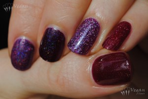 Thumb to pinkie: Picture Polish Monroe (original version), Ozotic 513, Glitter Gal Transfusion, Zoya Aurora, LA Girl Sparkle Ruby