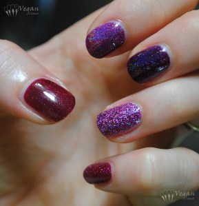 Thumb to pinkie: Picture Polish Monroe (original version), Ozotic 513, Glitter Gal Transfusion, Zoya Aurora, LA Girl Sparkle Ruby