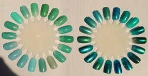 (Not colour accurate, leans slightly too green.) Left wheel, clockwise from 3:00 position: Zoya Wednesday, Color Club New Bohemian, Orly Gumdrop, Nubar Mod Agua, Cult Nails Manipulative, Kleancolor Pastel Teal, Soulstice Kona, Sephora by OPI Natural Environ-mint, NYX Girls Pistachio, Essence You Belong To Me, China Glaze Aquadelic, Color Club Blue-Ming, NYX Salon Formula Surf, Barry M Mint Green, Orly Ancient Jade, Fingerpaints Choco Mint, NCLA Santa Monica Shore Thing, Fingerpaints Tiffany Impostor. Right wheel, clockwise from 9:00: Zoya Zuza, Nicole by OPI Diva Into the Pool, Manglaze ILF, Milani Golden Sea, LA Girl Delirious, China Glaze Custom Kicks, Kleancolor Teal Envy, Kleancolor Mystic Grass, Sparitual Rhythm of Life, Butter London Thames, Gosh Ocean, LA Girl Obsess, Kleancolor Teal Marble, Kleancolor Metallic Aqua, Fingerpaints Winter Sky, NYX Juliette, LA Girl Chromium Green, Kleancolor Metallic Jungle.